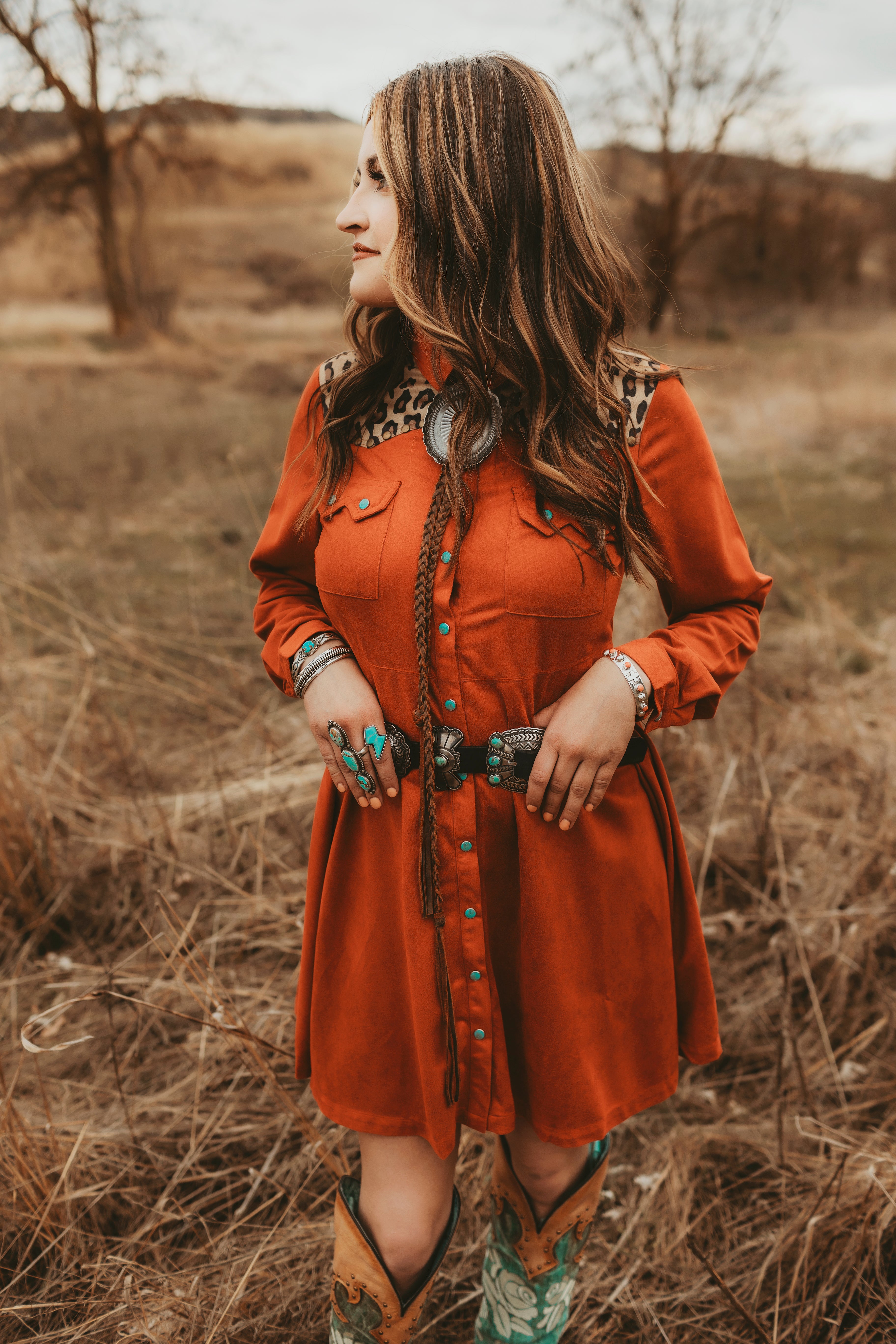 orange dress brown boots Orange dress, black otk boots, fall outfit